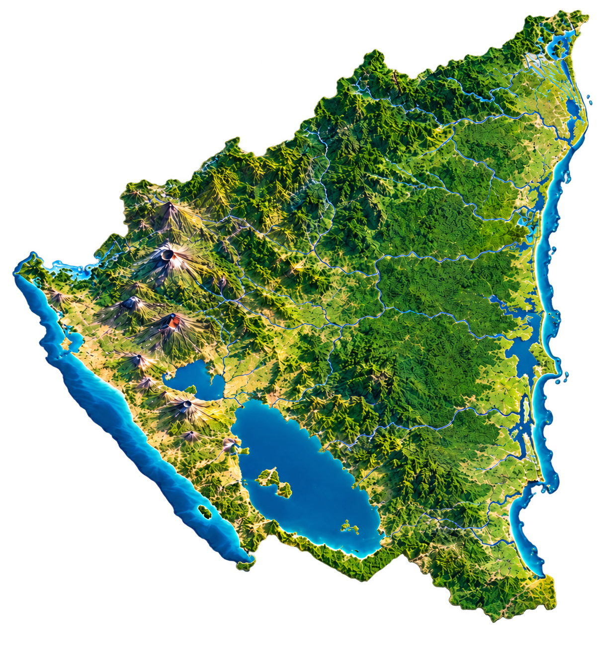 Mapa territorial ilustrado de Nicaragua con relieve, volcanes, lagos y costas